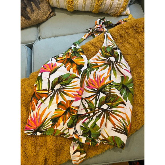 INC Tops - Women's INC Tropical Garden Linen Halter Top S White Green